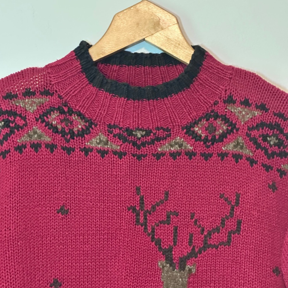 Eddie Bauer Hand Knitted Reindeer Sweater Red Linen Cotton Fair Isle Womens L - Picture 3 of 9
